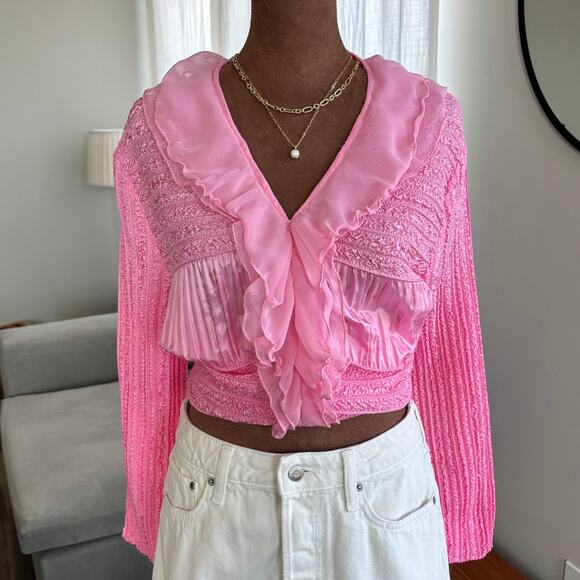 WD.NY Tops - Y2K Vintage WD.NY Women’s Pink Top Textured Mesh Ruffle Blouse Top Size M